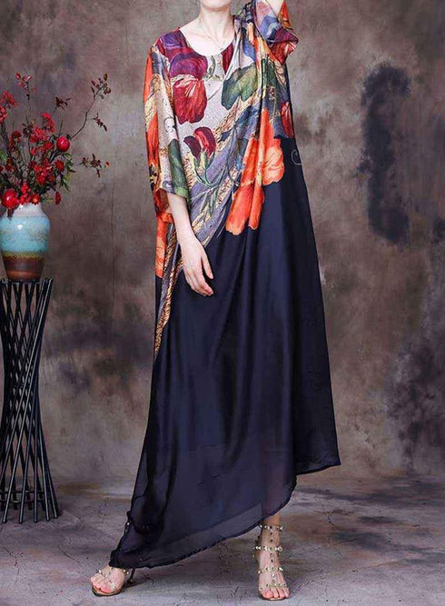 The Lazy Song Silk Floral Printed Maxi Dress, A-Line, Large Hem, Round Neck Casual & Evening Dress